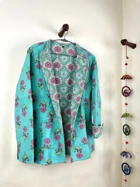 Indian Handmade Quilted Fabric Jacket Stylish Blue & Pink Floral Women's Coat, Reversible Jacket for Her