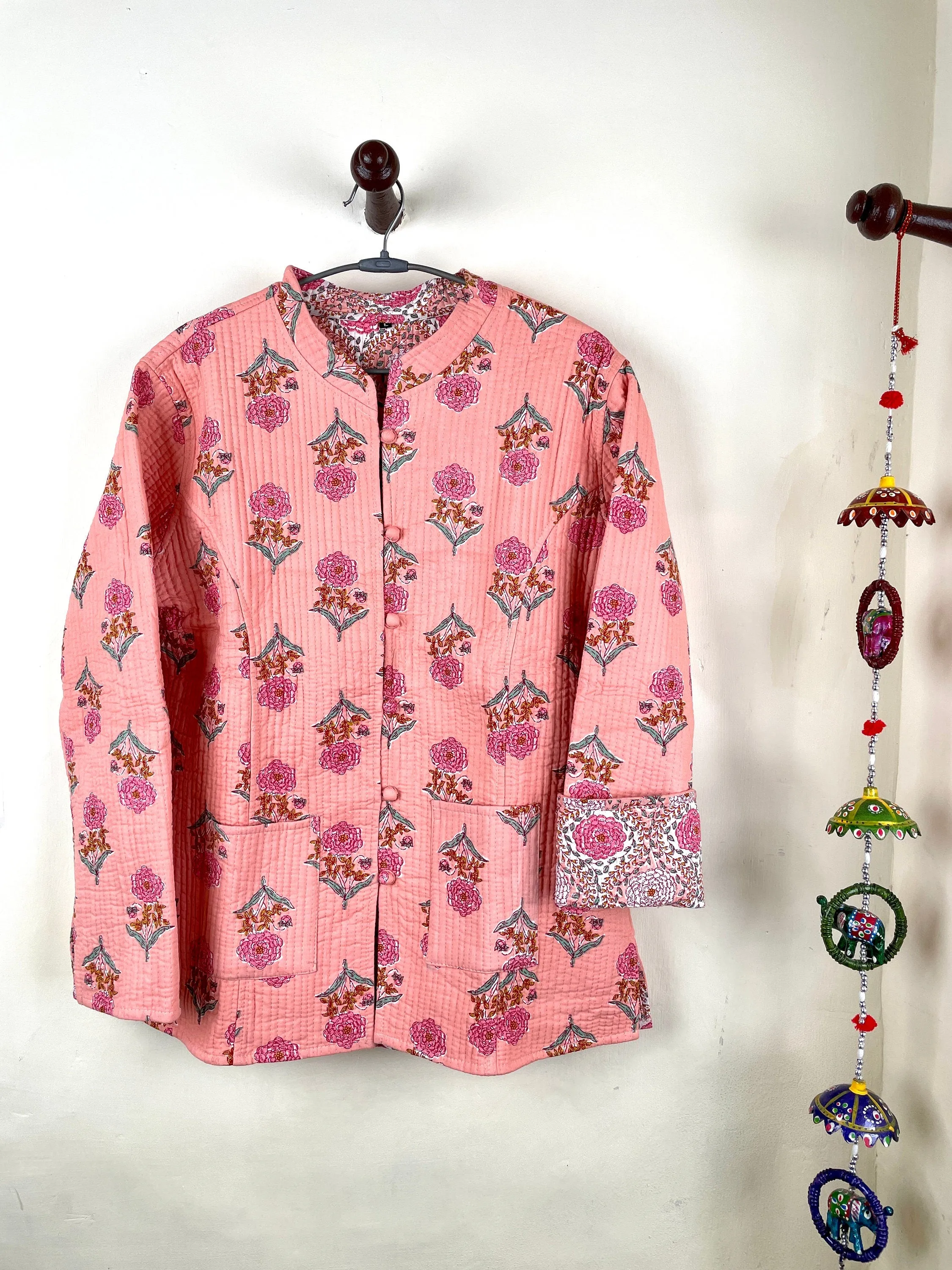 Indian Handmade Quilted Fabric Jacket Stylish Pink Floral Women's Coat, Reversible Jacket for Her