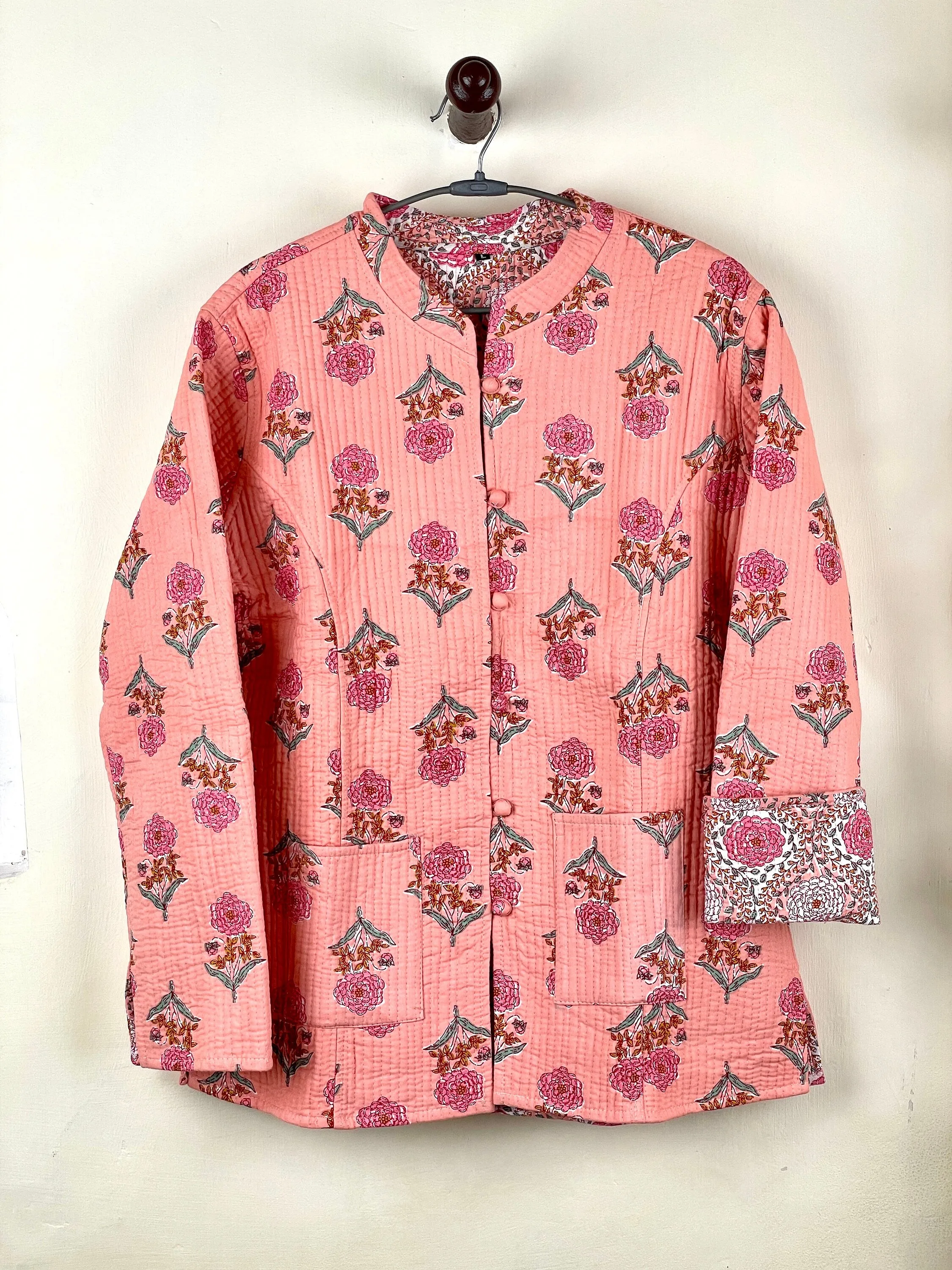 Indian Handmade Quilted Fabric Jacket Stylish Pink Floral Women's Coat, Reversible Jacket for Her