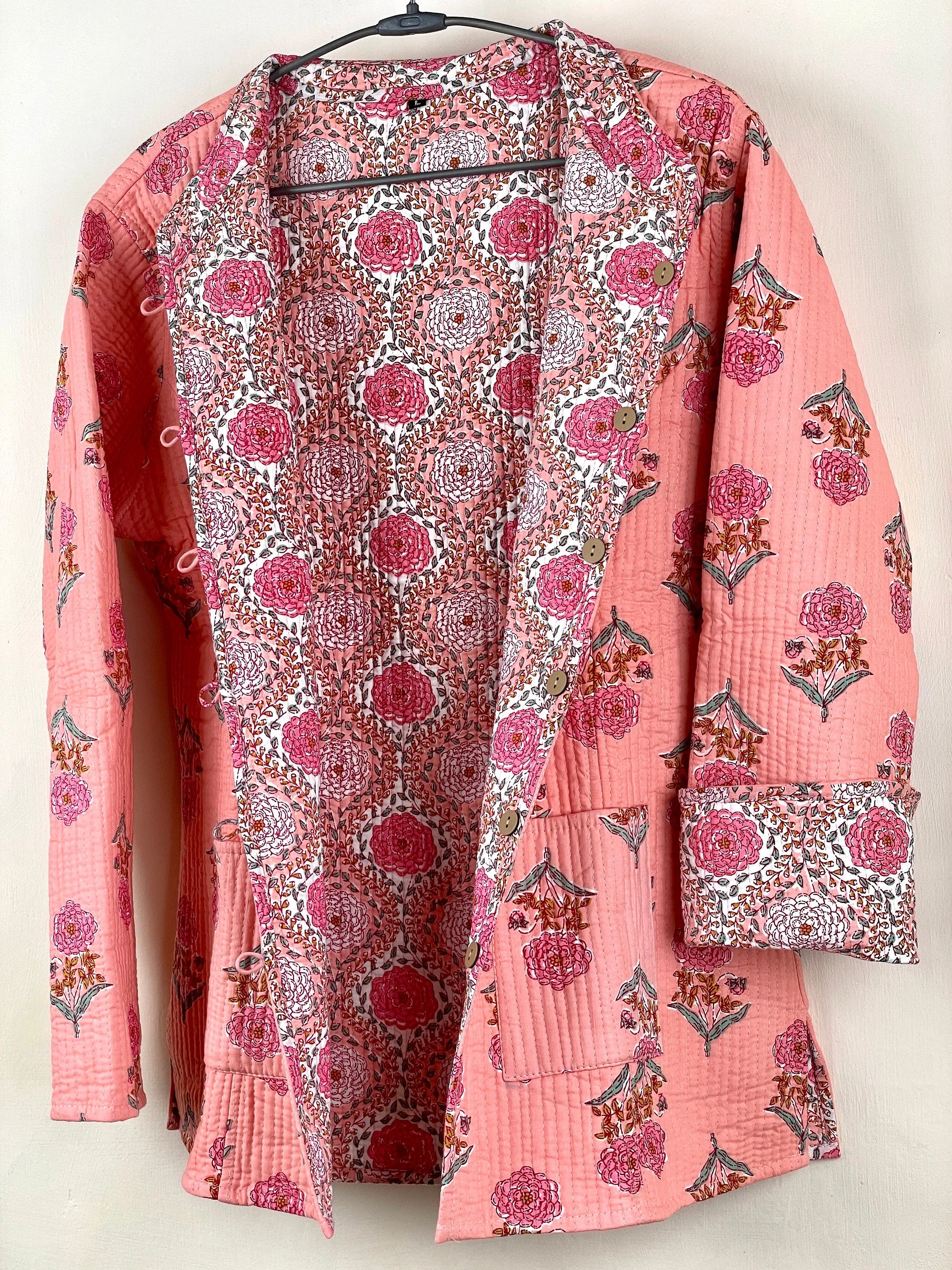 Indian Handmade Quilted Fabric Jacket Stylish Pink Floral Women's Coat, Reversible Jacket for Her