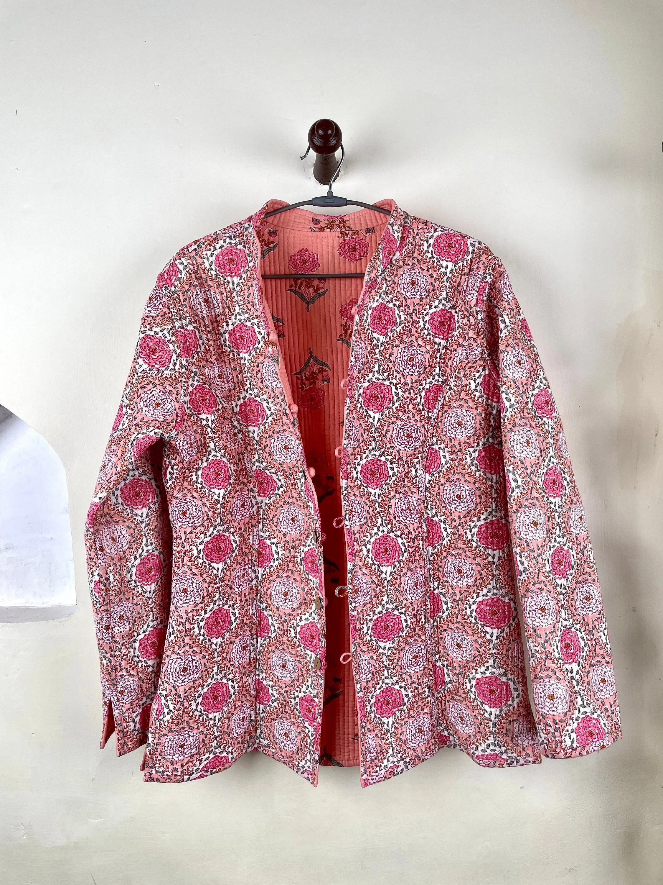 Indian Handmade Quilted Fabric Jacket Stylish Pink Floral Women's Coat, Reversible Jacket for Her