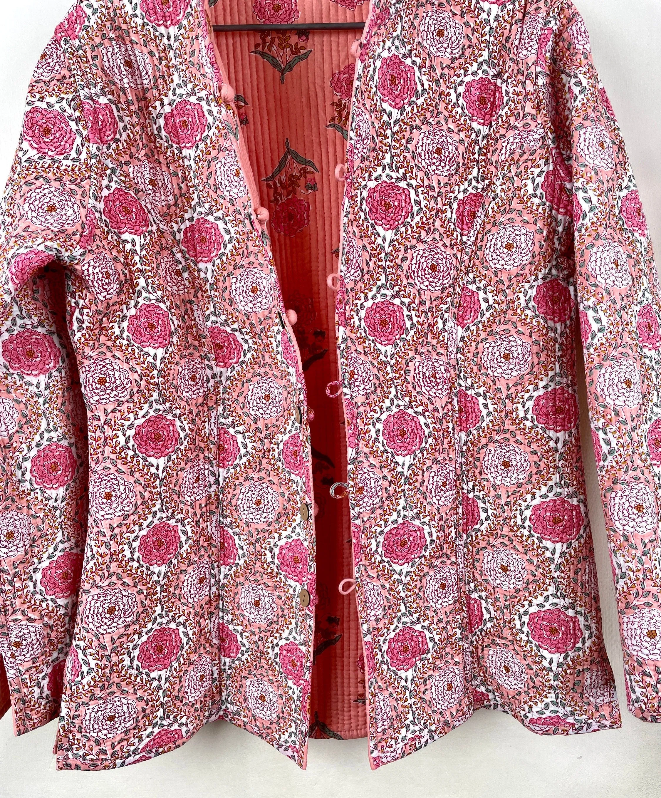 Indian Handmade Quilted Fabric Jacket Stylish Pink Floral Women's Coat, Reversible Jacket for Her