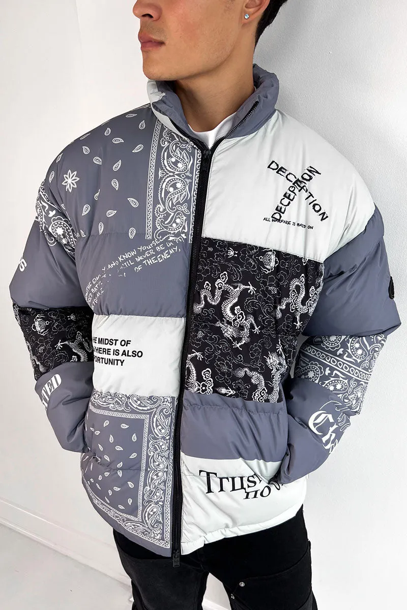 J811 Graffiti Print Puffer Jacket - Grey/White