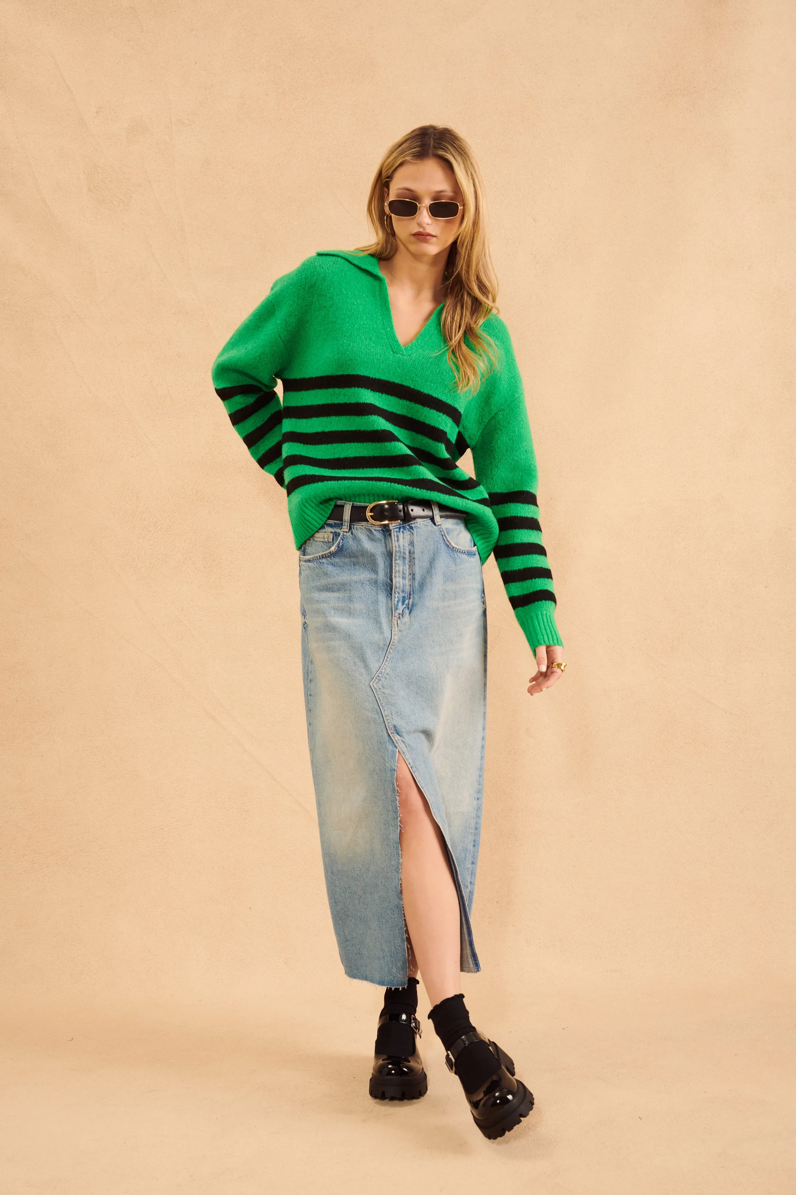 JAMESON STRIPED JOHNNY COLLAR SWEATER