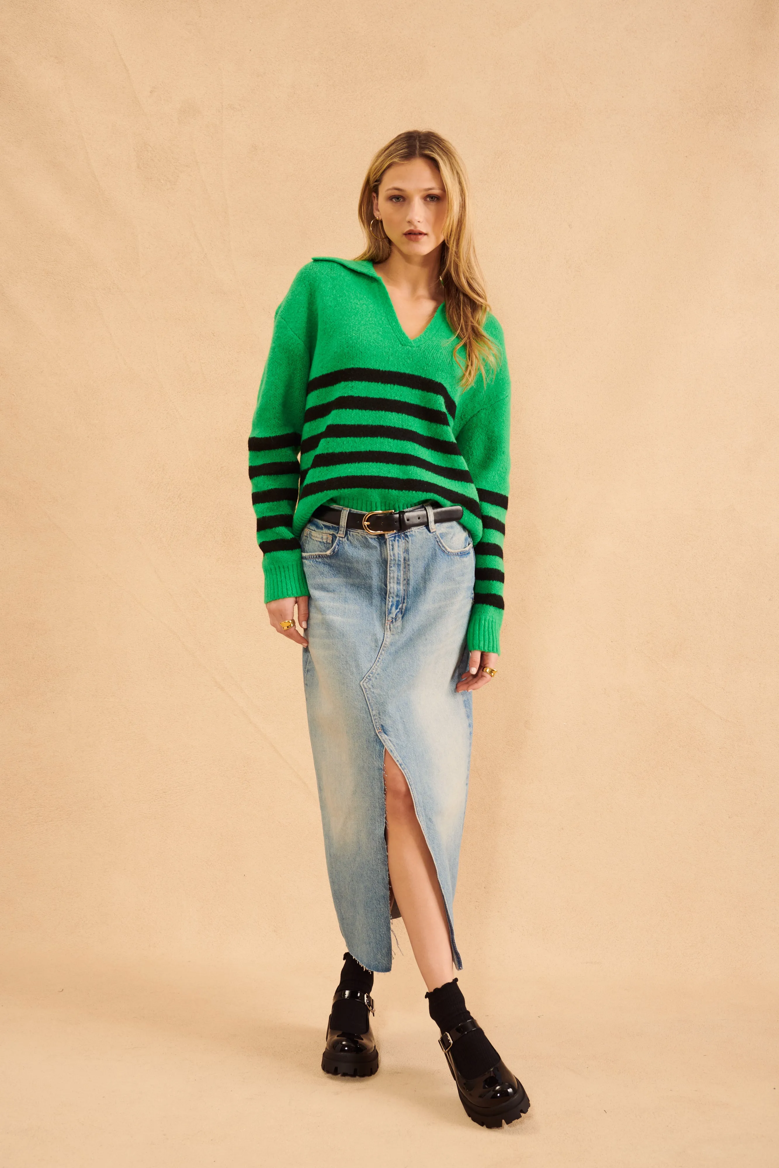 JAMESON STRIPED JOHNNY COLLAR SWEATER