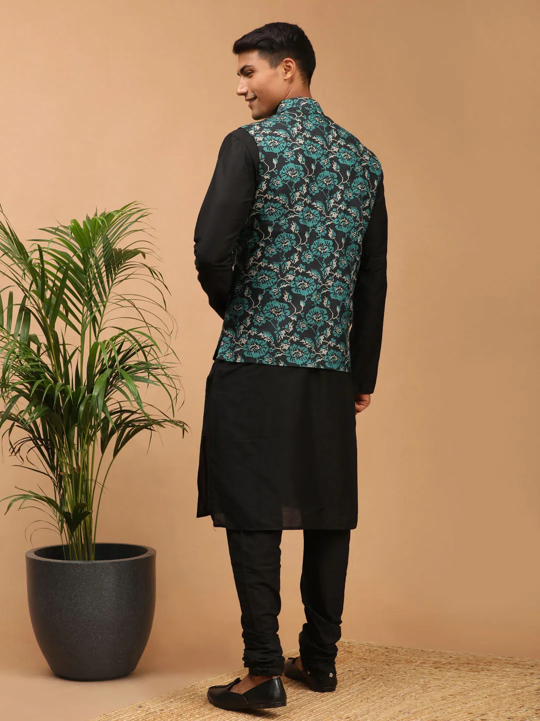 Jashvi Men's Green Printed Nehru Jacket With Black Solid kurta & Pyjama Set