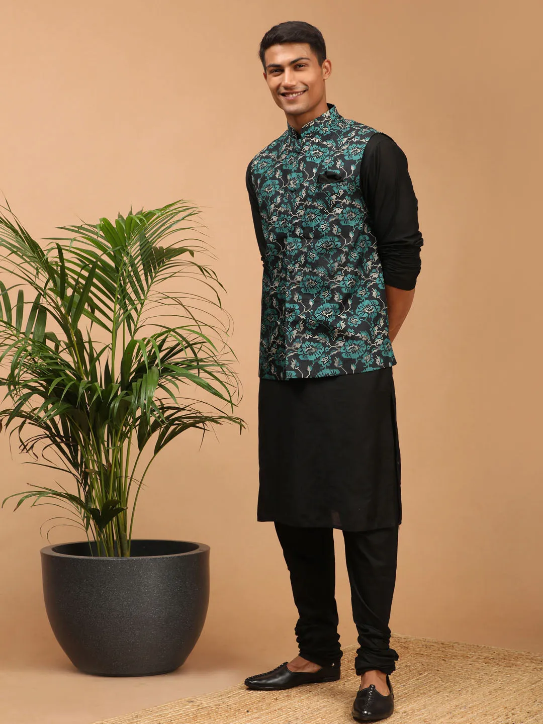 Jashvi Men's Green Printed Nehru Jacket With Black Solid kurta & Pyjama Set