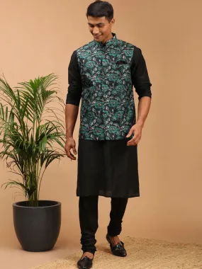 Jashvi Men's Green Printed Nehru Jacket With Black Solid kurta & Pyjama Set