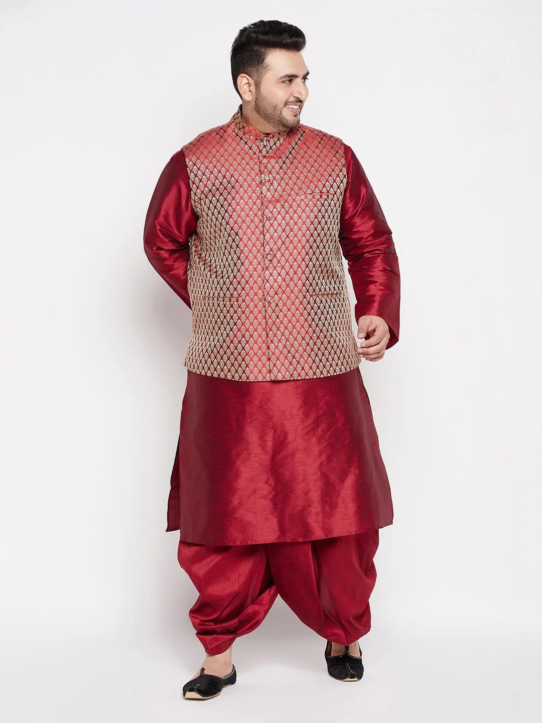 Jashvi Men's Plus Size Maroon Woven Silk Blend Jacket And Maroon Silk Blend Kurta Dhoti Set