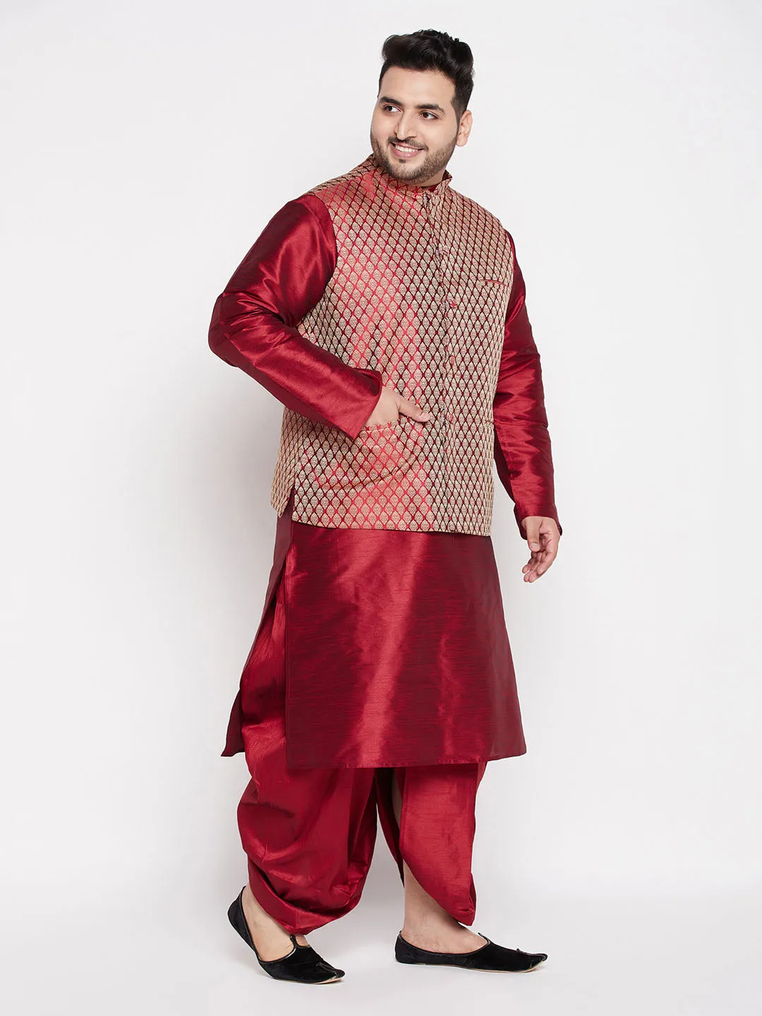 Jashvi Men's Plus Size Maroon Woven Silk Blend Jacket And Maroon Silk Blend Kurta Dhoti Set