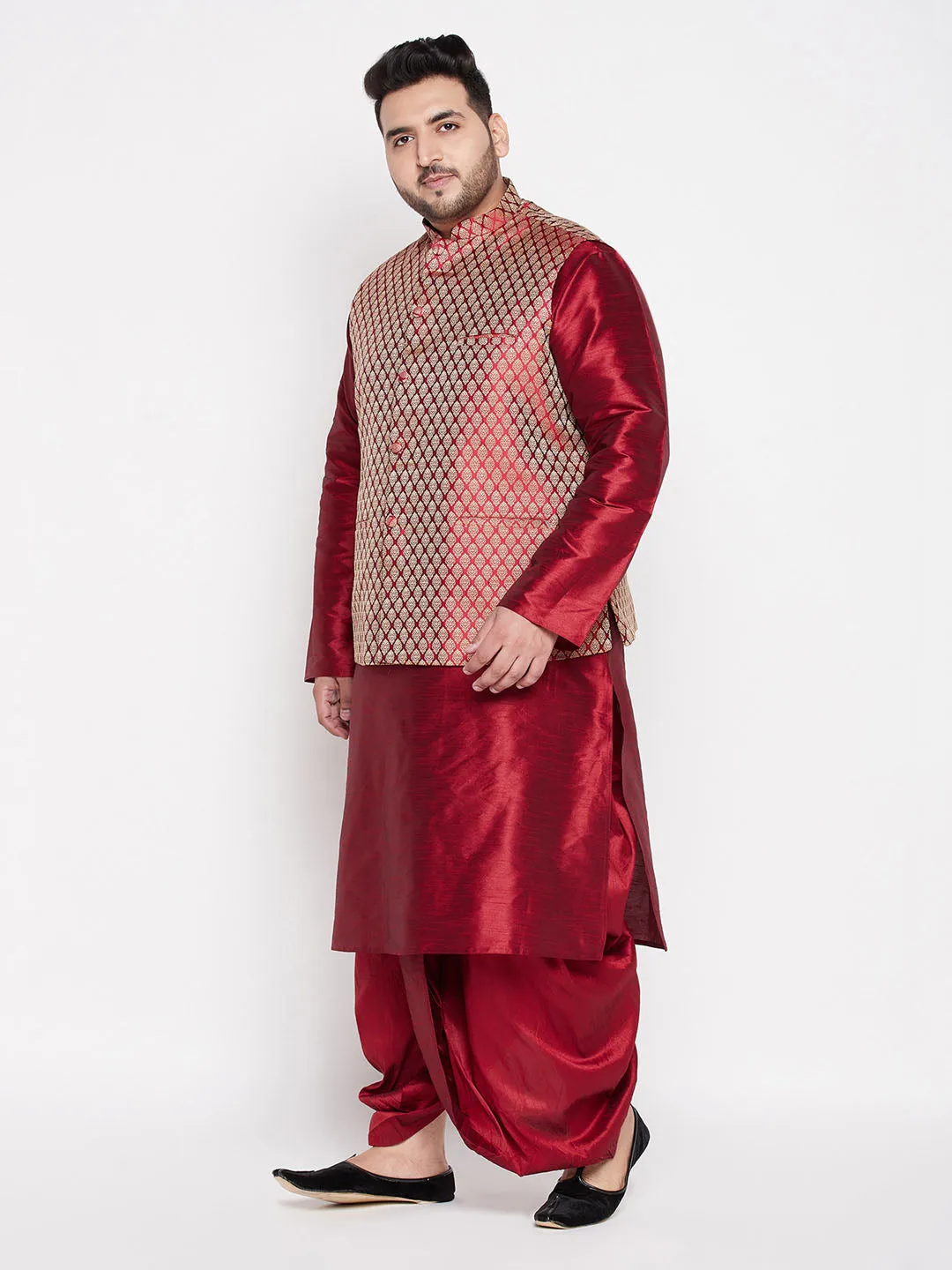 Jashvi Men's Plus Size Maroon Woven Silk Blend Jacket And Maroon Silk Blend Kurta Dhoti Set