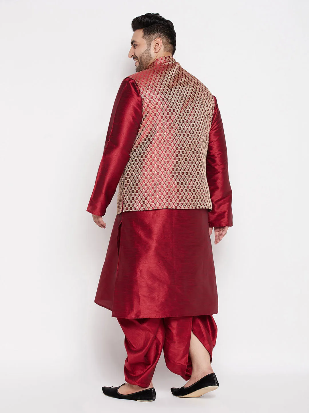 Jashvi Men's Plus Size Maroon Woven Silk Blend Jacket And Maroon Silk Blend Kurta Dhoti Set