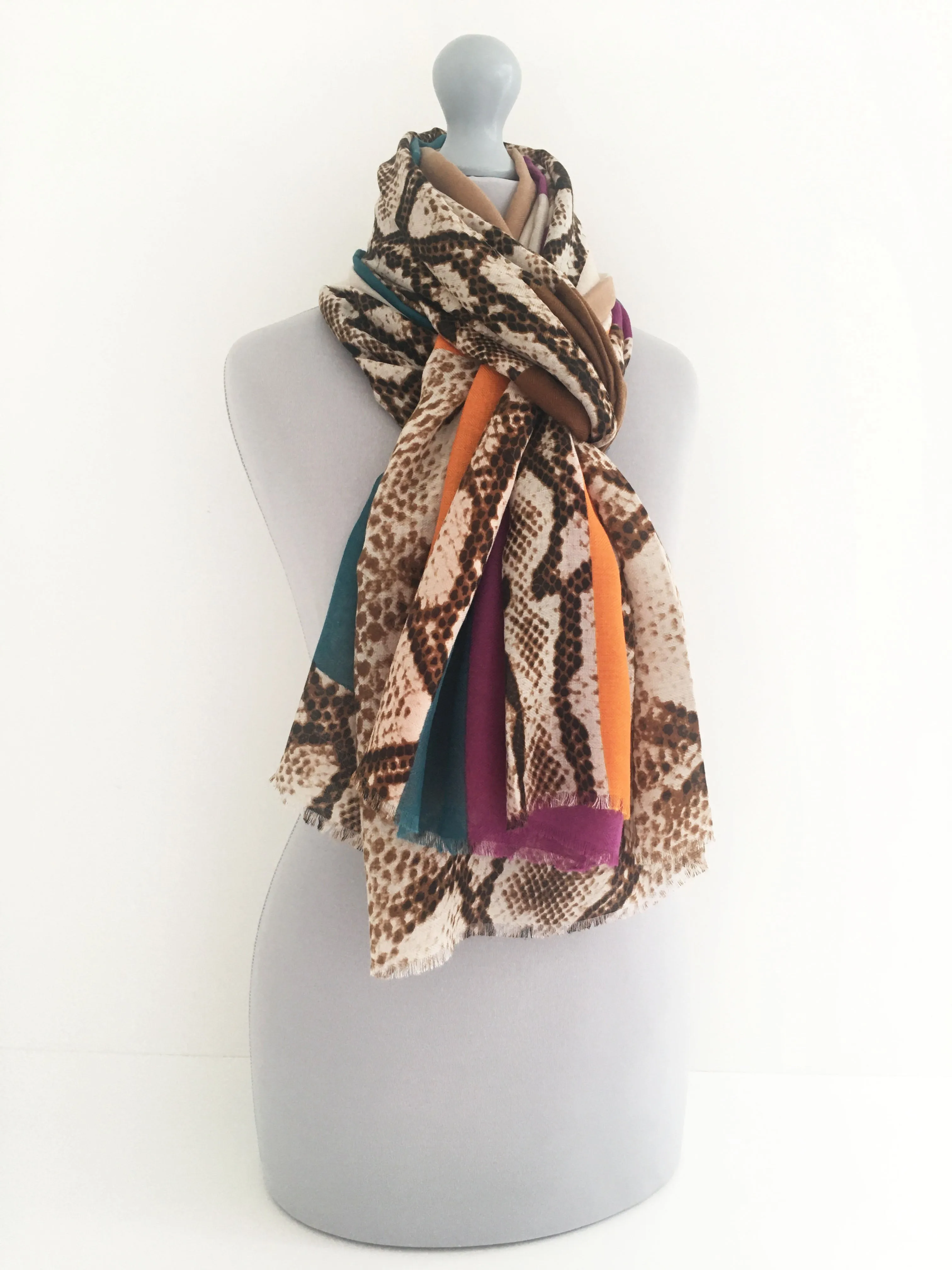 LARGE ORANGE BLOCK PRINT SNAKESKIN SHAWL SCARF