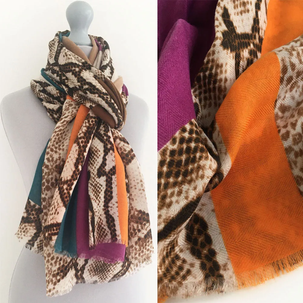 LARGE ORANGE BLOCK PRINT SNAKESKIN SHAWL SCARF