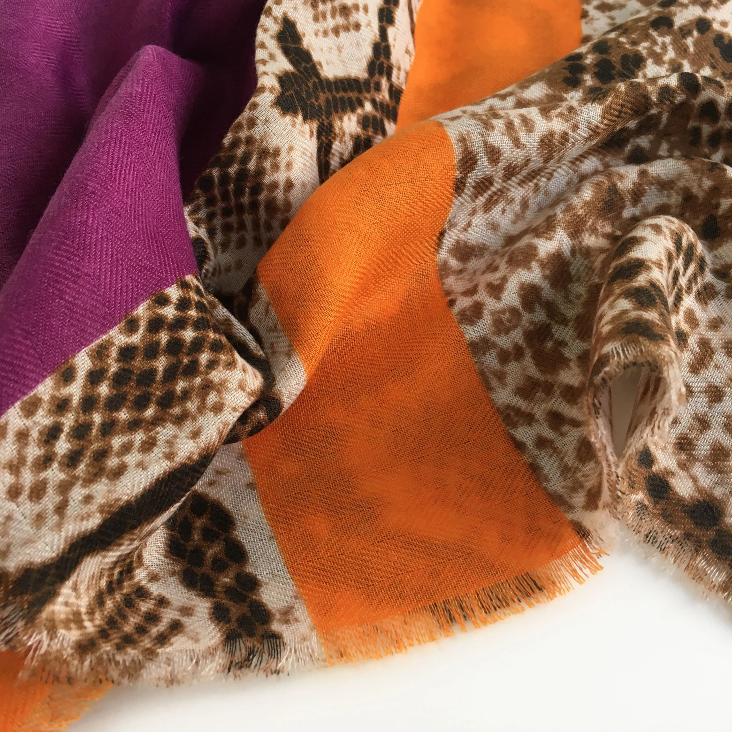 LARGE ORANGE BLOCK PRINT SNAKESKIN SHAWL SCARF