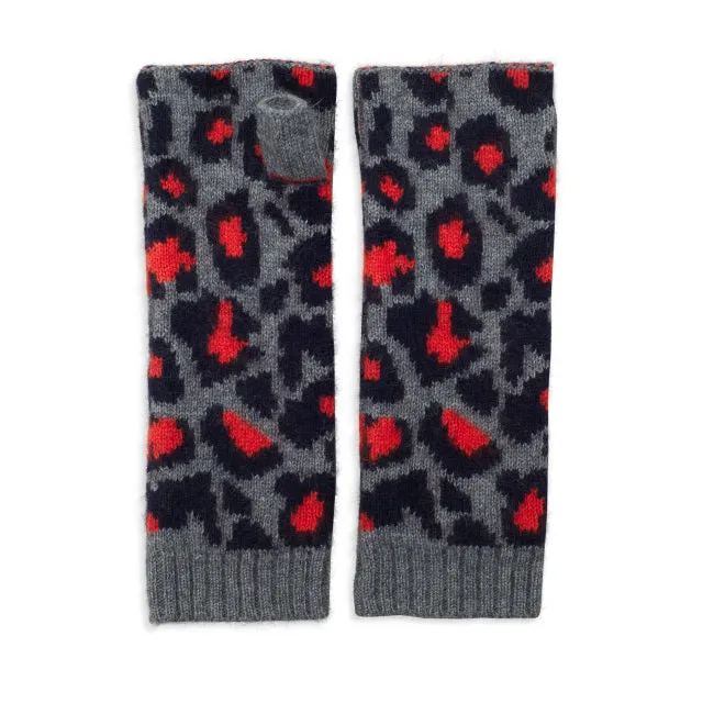 Leopard Cashmere Knitted Wrist Warmers - Grey/Navy/Orange