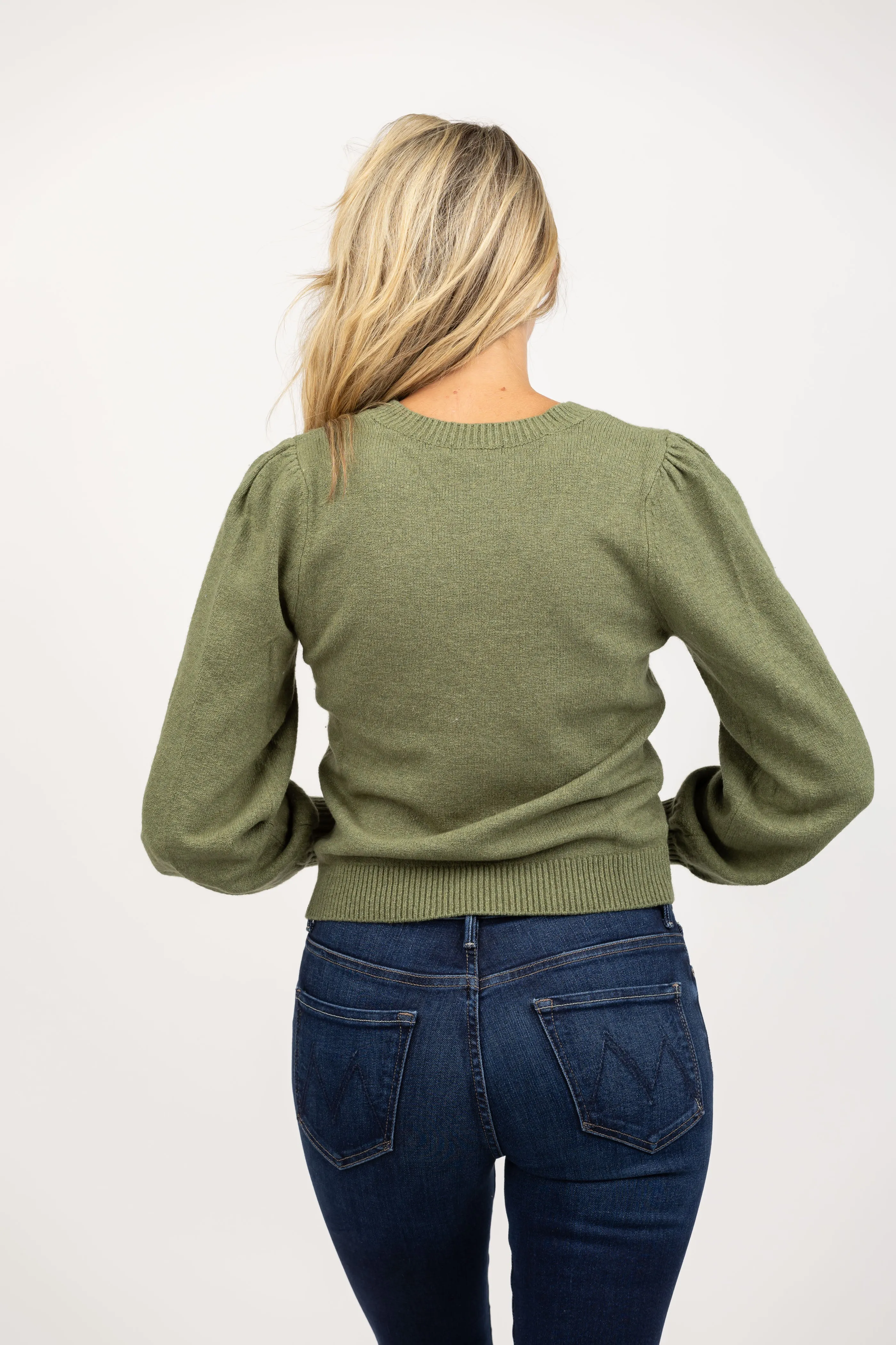 Lilla P. Full Sleeve V-neck Sweater in Winter Green