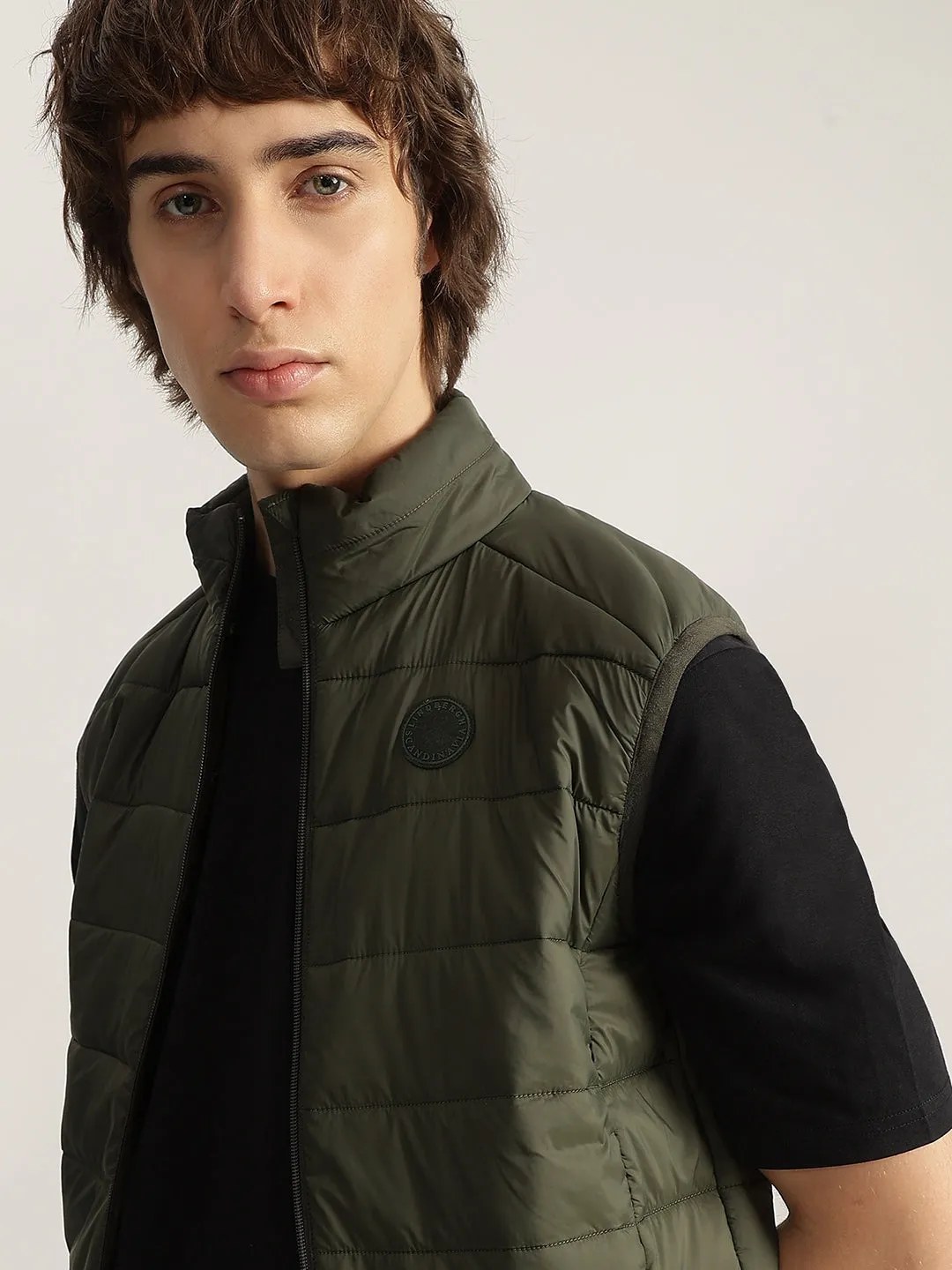 Lindbergh Men Green Solid Stand Collar Sleeveless Puffer Jacket