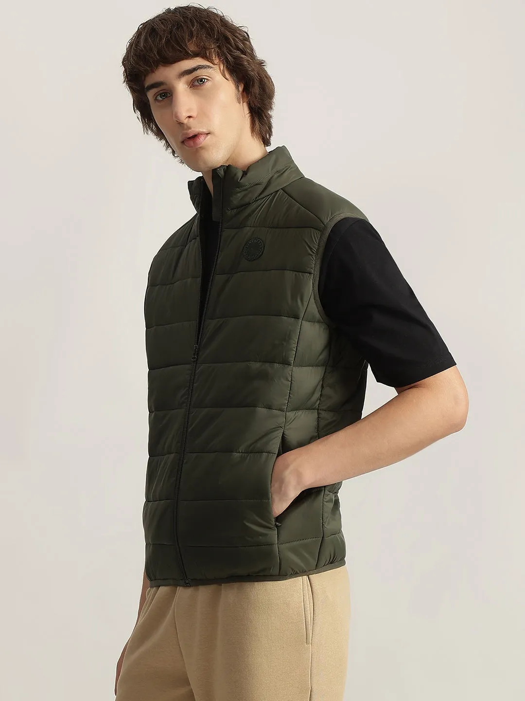 Lindbergh Men Green Solid Stand Collar Sleeveless Puffer Jacket