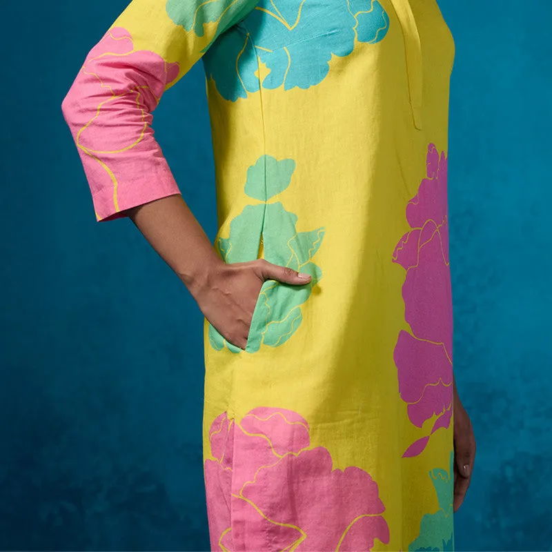 Linen Kurta Set For Women | Floral Printed | Lemon Yellow