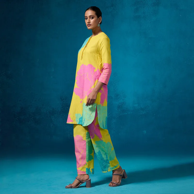 Linen Kurta Set For Women | Floral Printed | Lemon Yellow