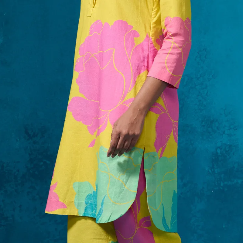 Linen Kurta Set For Women | Floral Printed | Lemon Yellow