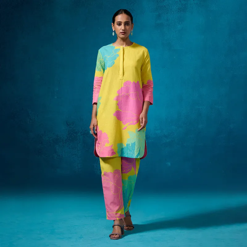 Linen Kurta Set For Women | Floral Printed | Lemon Yellow