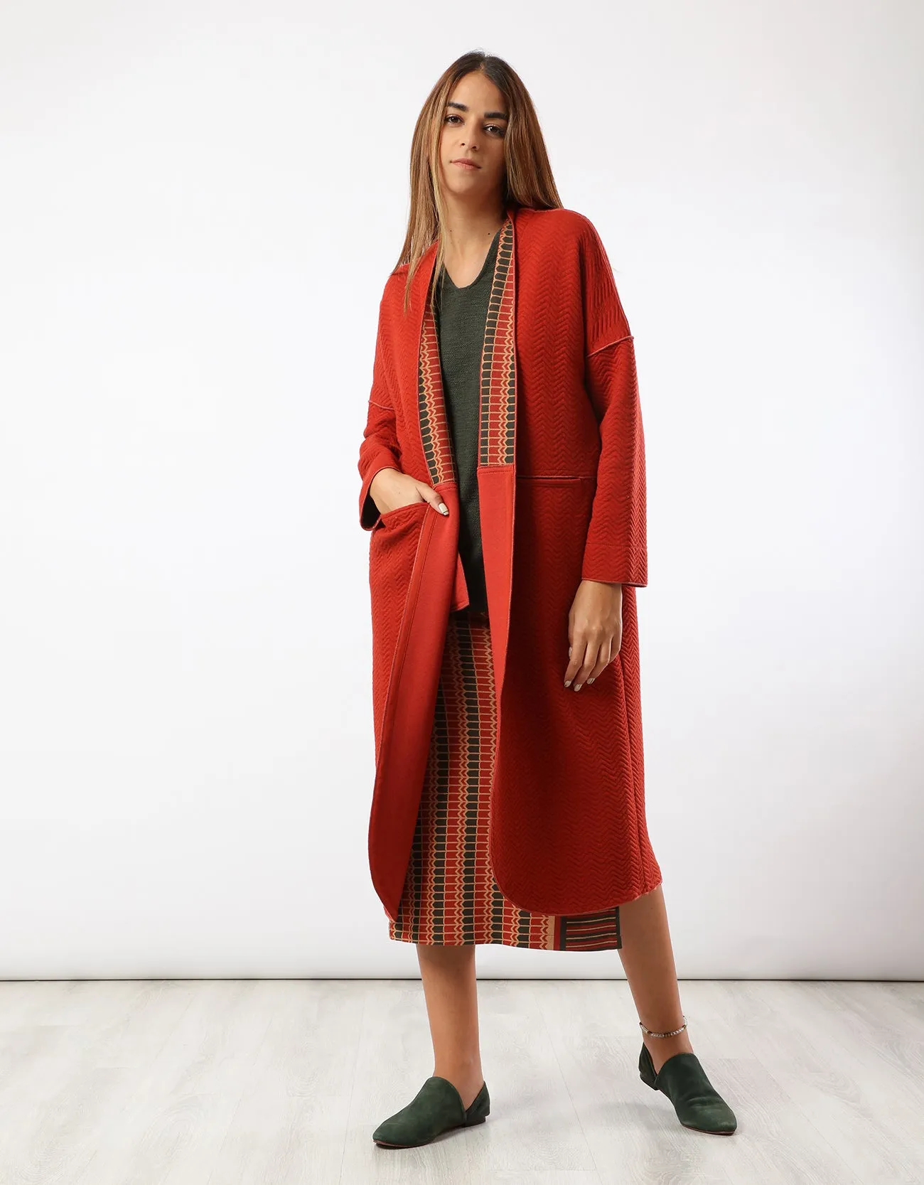 Long patterned quilted coat