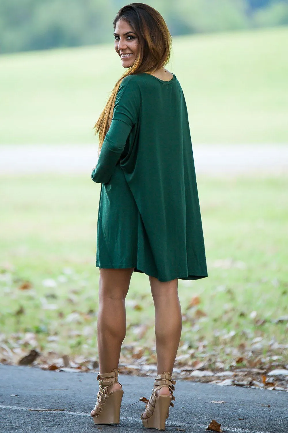 Long Sleeve V-Neck Piko Tunic - Jade Forest