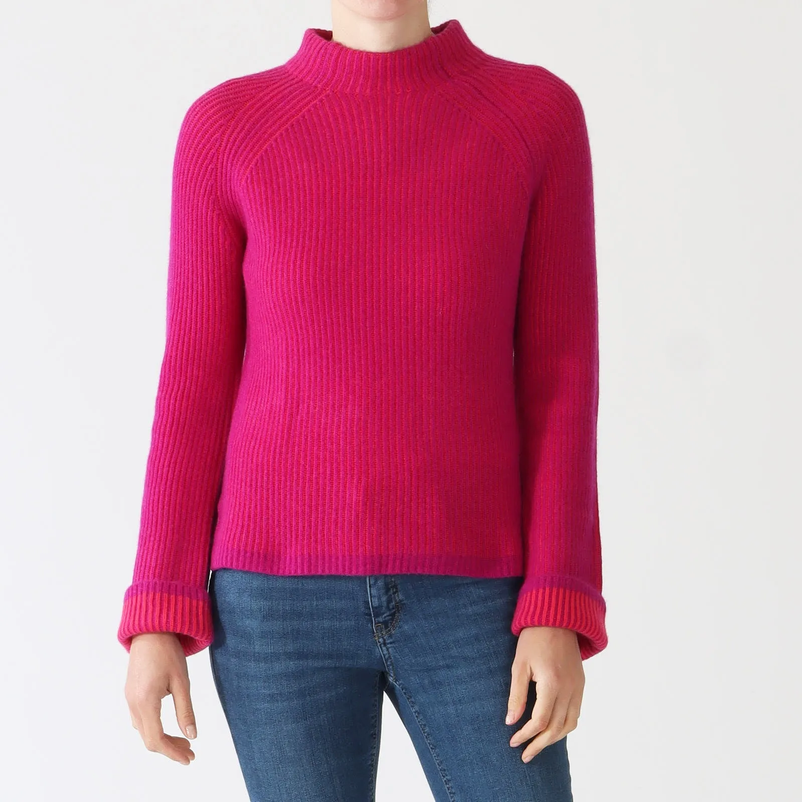 Magenta Poppy Plaited Rib Funnel Cashmere Sweater