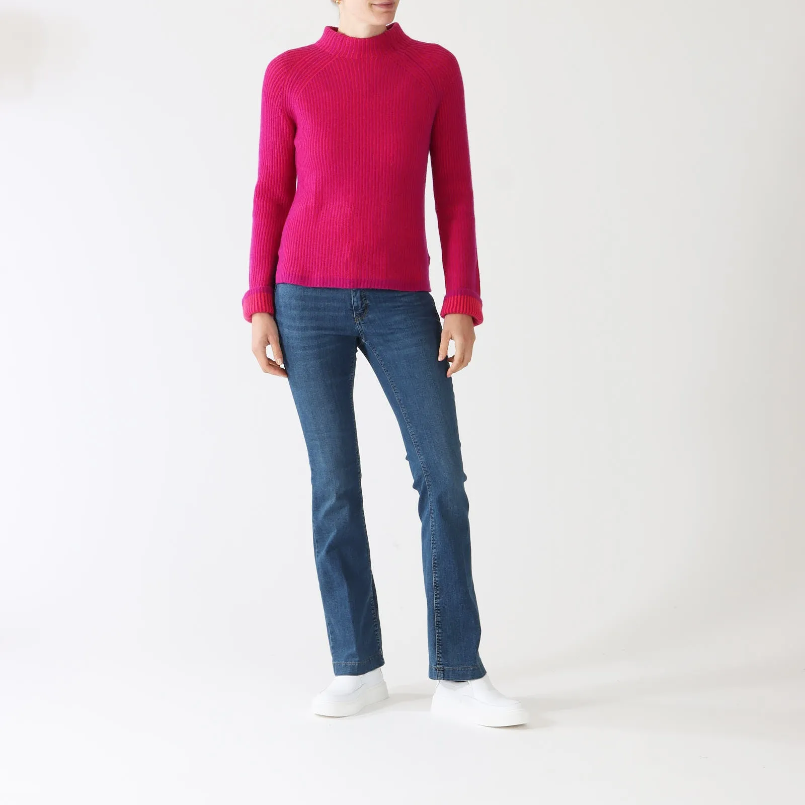 Magenta Poppy Plaited Rib Funnel Cashmere Sweater