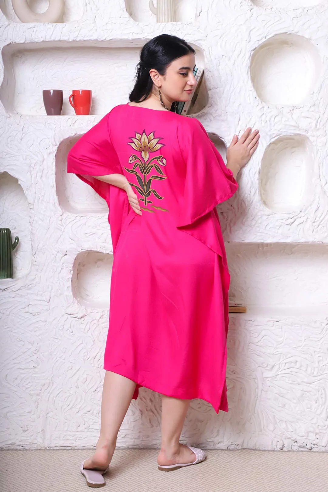 Magenta Rayon Long-Kaftan - Floral Pop