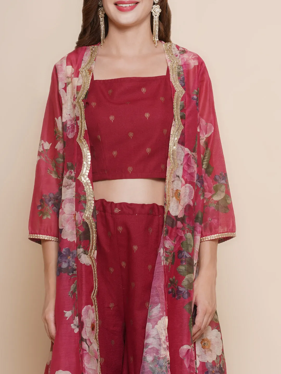 Maroon Floral printed Jacket, Camisole with Palazzos