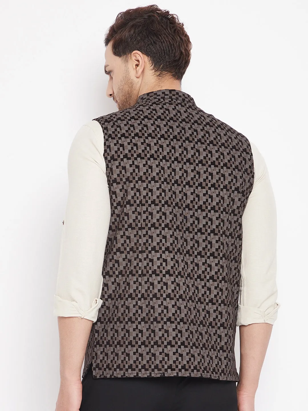 Men's Black Color Woven Nehru Jacket - Even Apparels