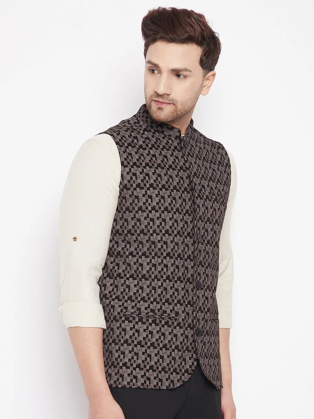 Men's Black Color Woven Nehru Jacket - Even Apparels