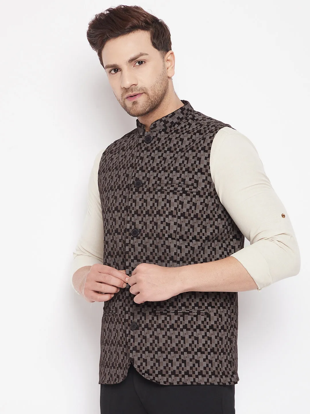 Men's Black Color Woven Nehru Jacket - Even Apparels