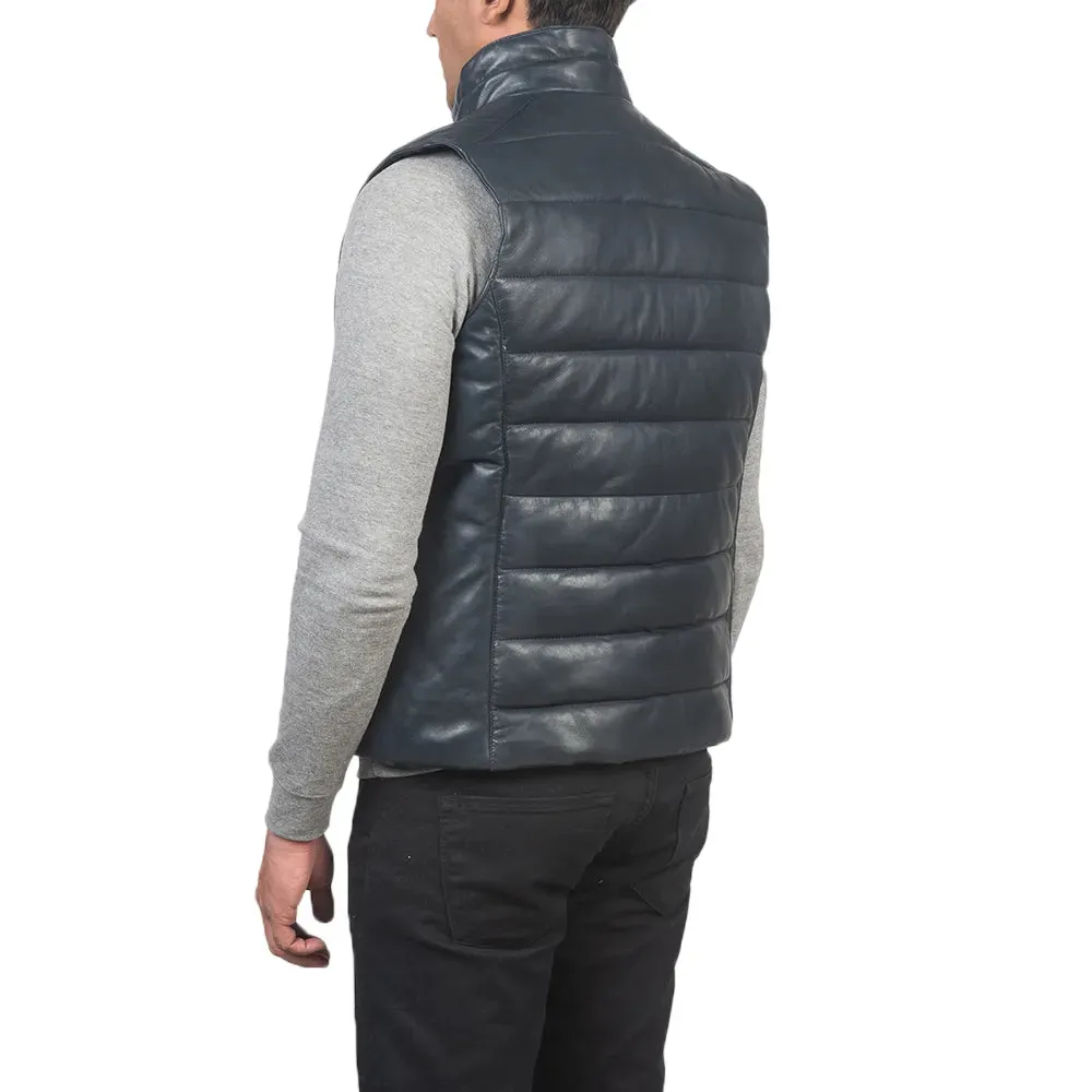 Mens Blue Leather Puffer Vest