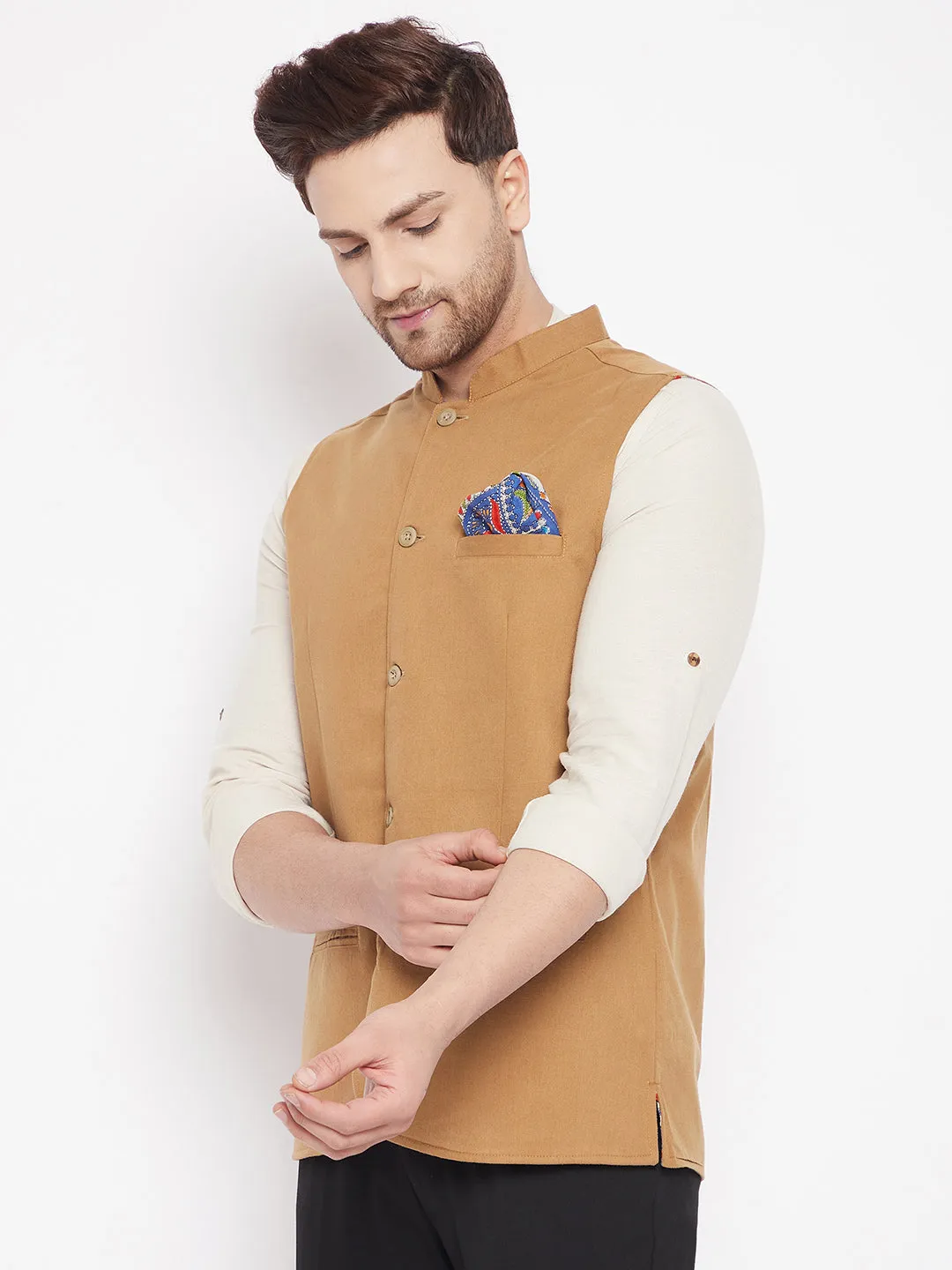 Men's Brown Color Nehru Jacket-Contrast Lining-Inbuilt Pocket Square - Even Apparels