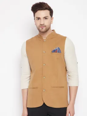 Men's Brown Color Nehru Jacket-Contrast Lining-Inbuilt Pocket Square - Even Apparels