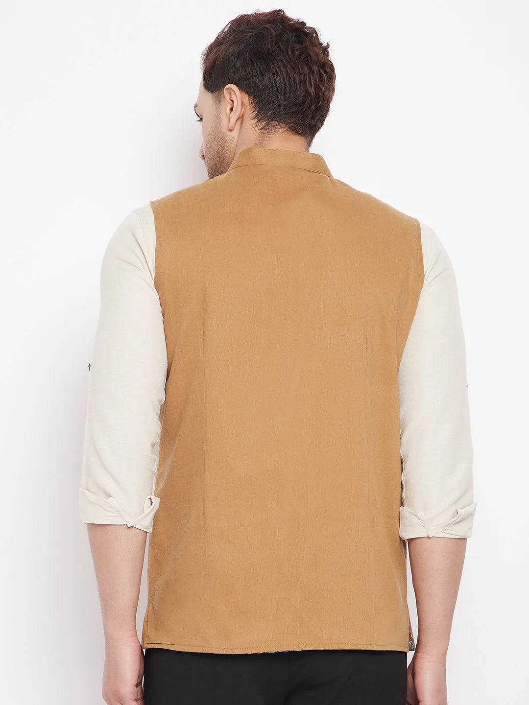 Men's Brown Color Nehru Jacket-Contrast Lining-Inbuilt Pocket Square - Even Apparels