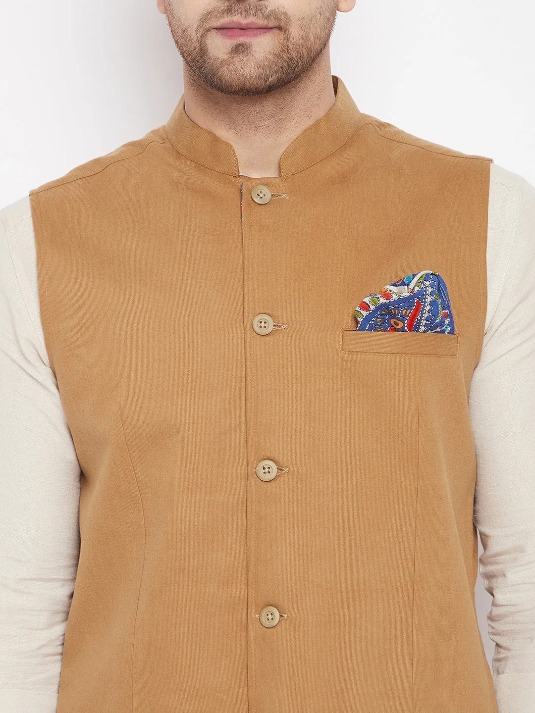 Men's Brown Color Nehru Jacket-Contrast Lining-Inbuilt Pocket Square - Even Apparels