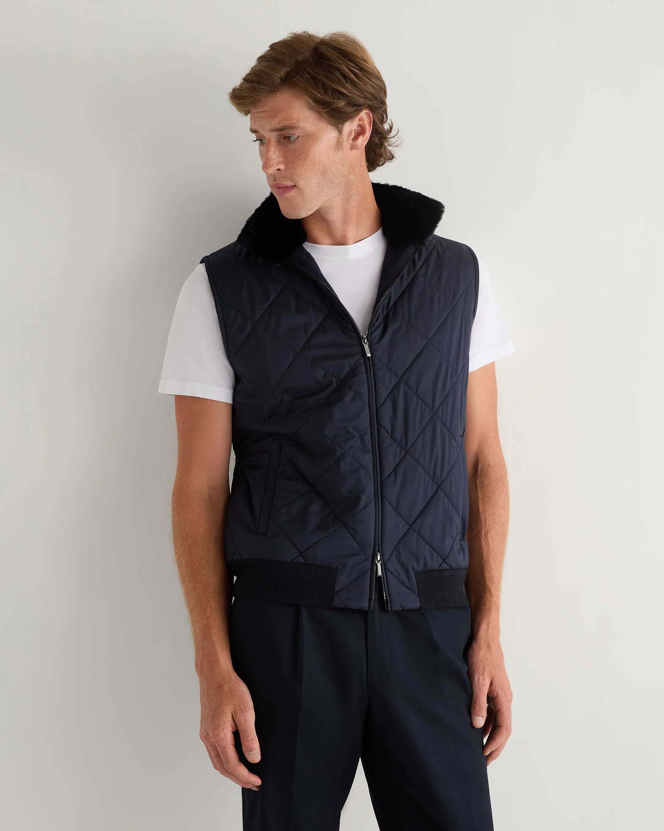 Men's Diamond Fur Trim Cashmere Gilet Navy Blue