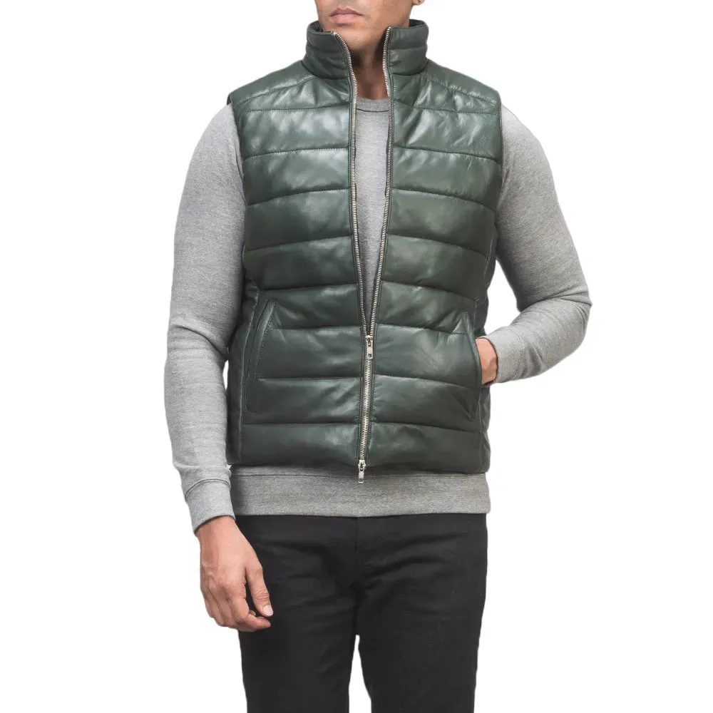 Mens Green Leather Puffer Vest