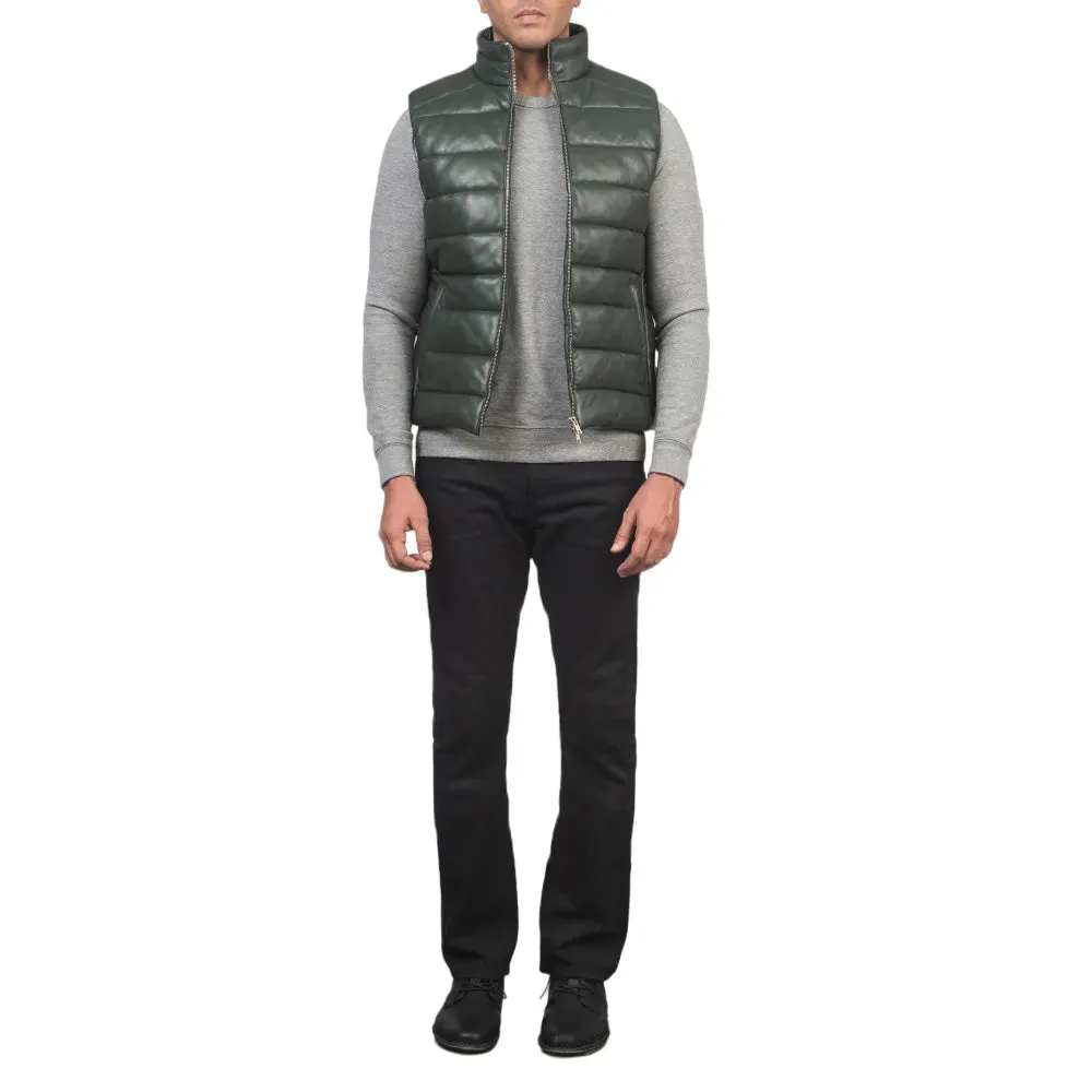 Mens Green Leather Puffer Vest