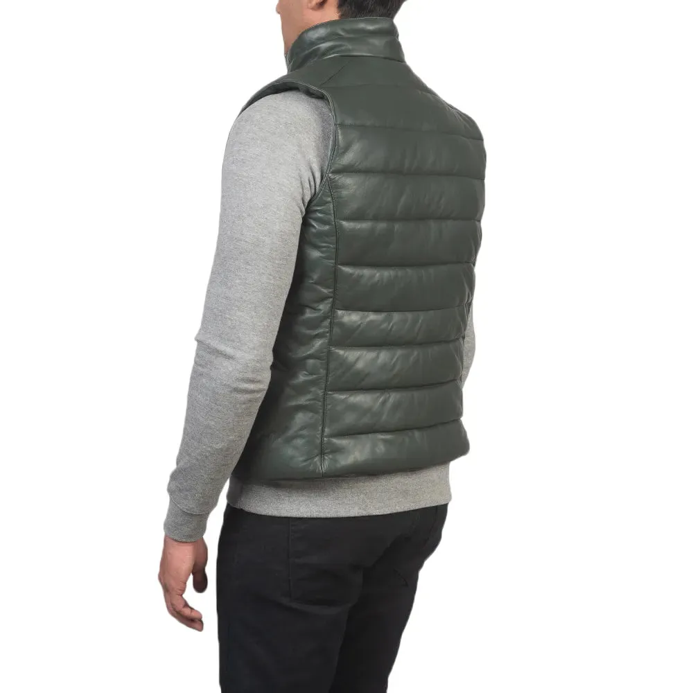 Mens Green Leather Puffer Vest