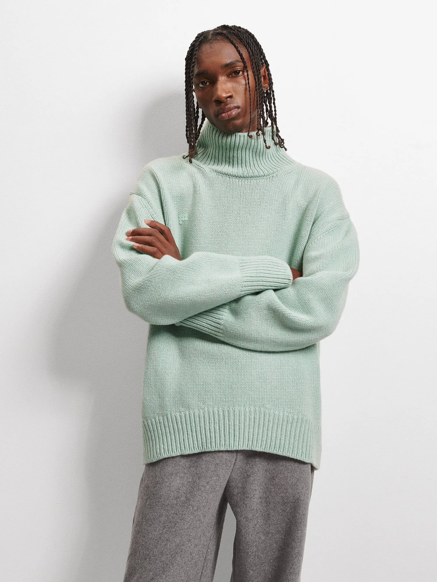 Men's Recycled Cashmere Turtleneck Sweater—eucalyptus blue