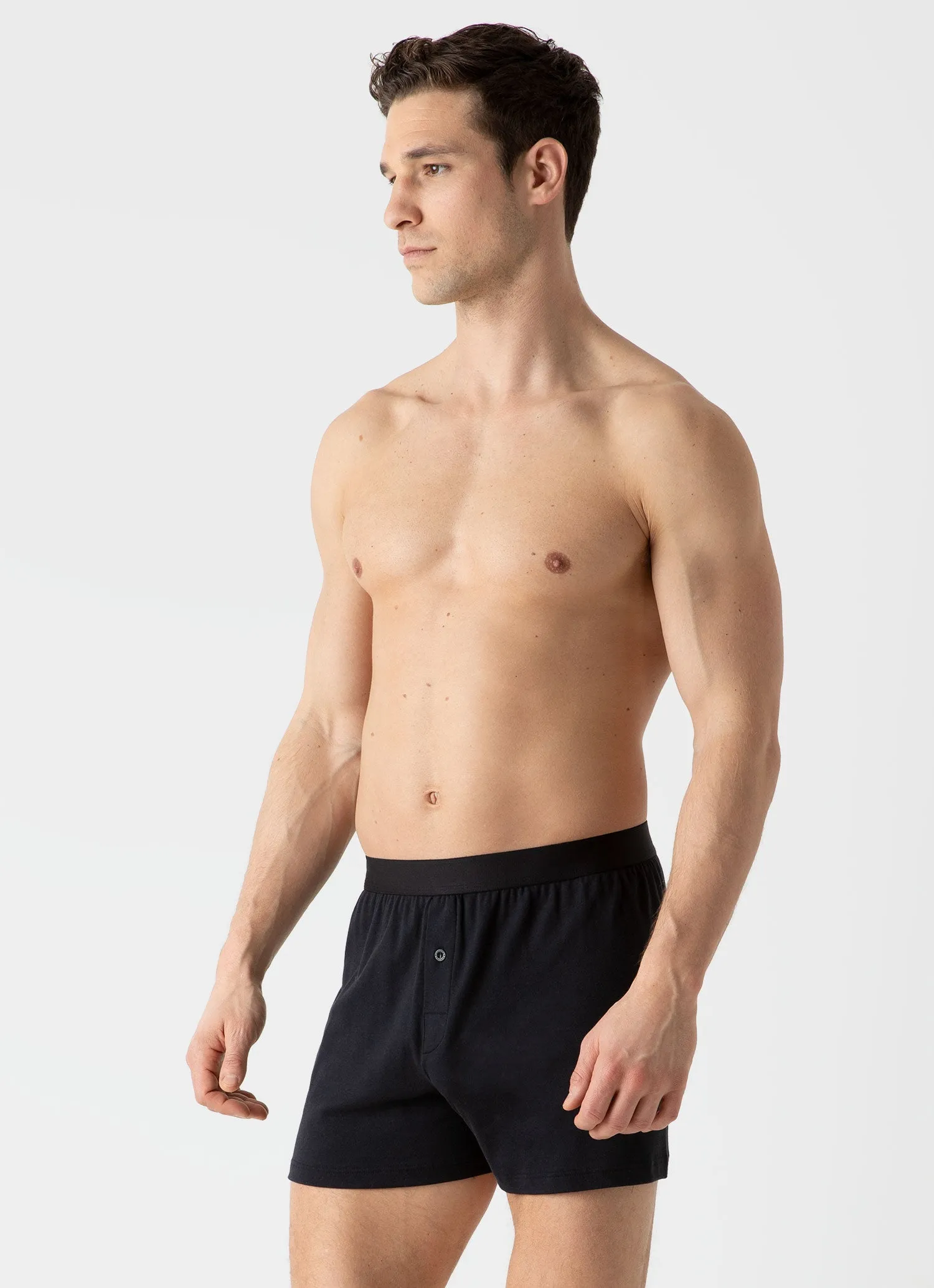 Men's Sea Island Cotton One-Button Boxer Shorts in Black