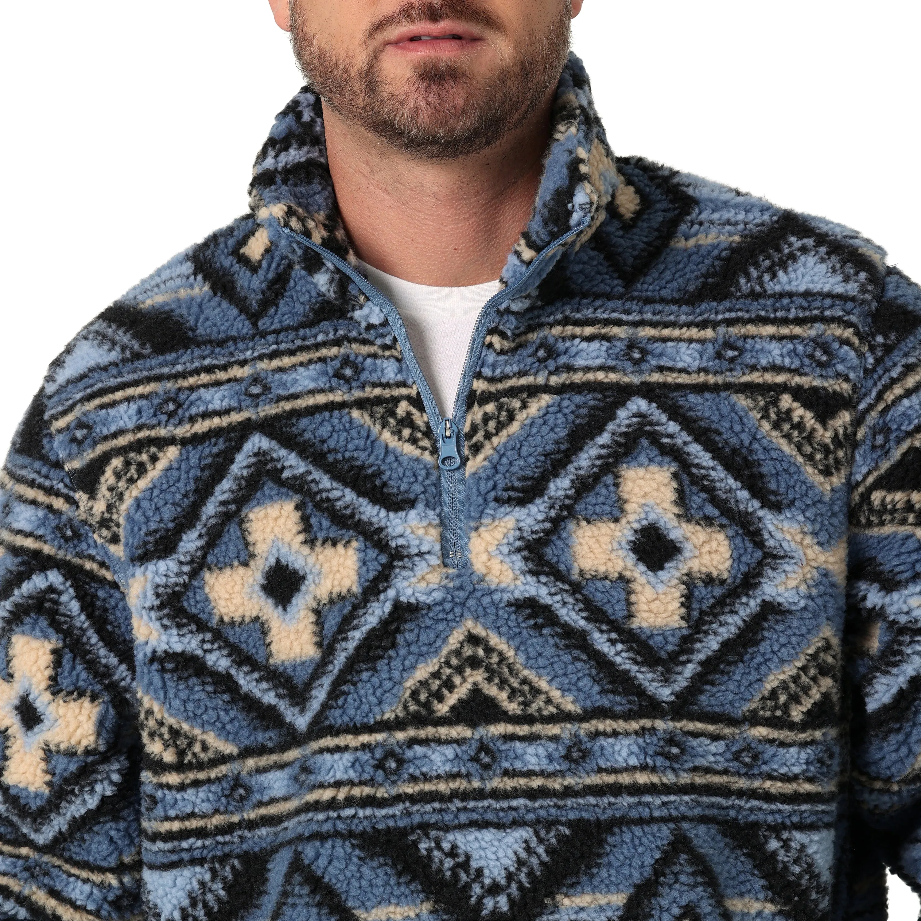 Men's Wrangler Blue Aztec Print Heavyweight 1/4 Zip Sherpa Pullover