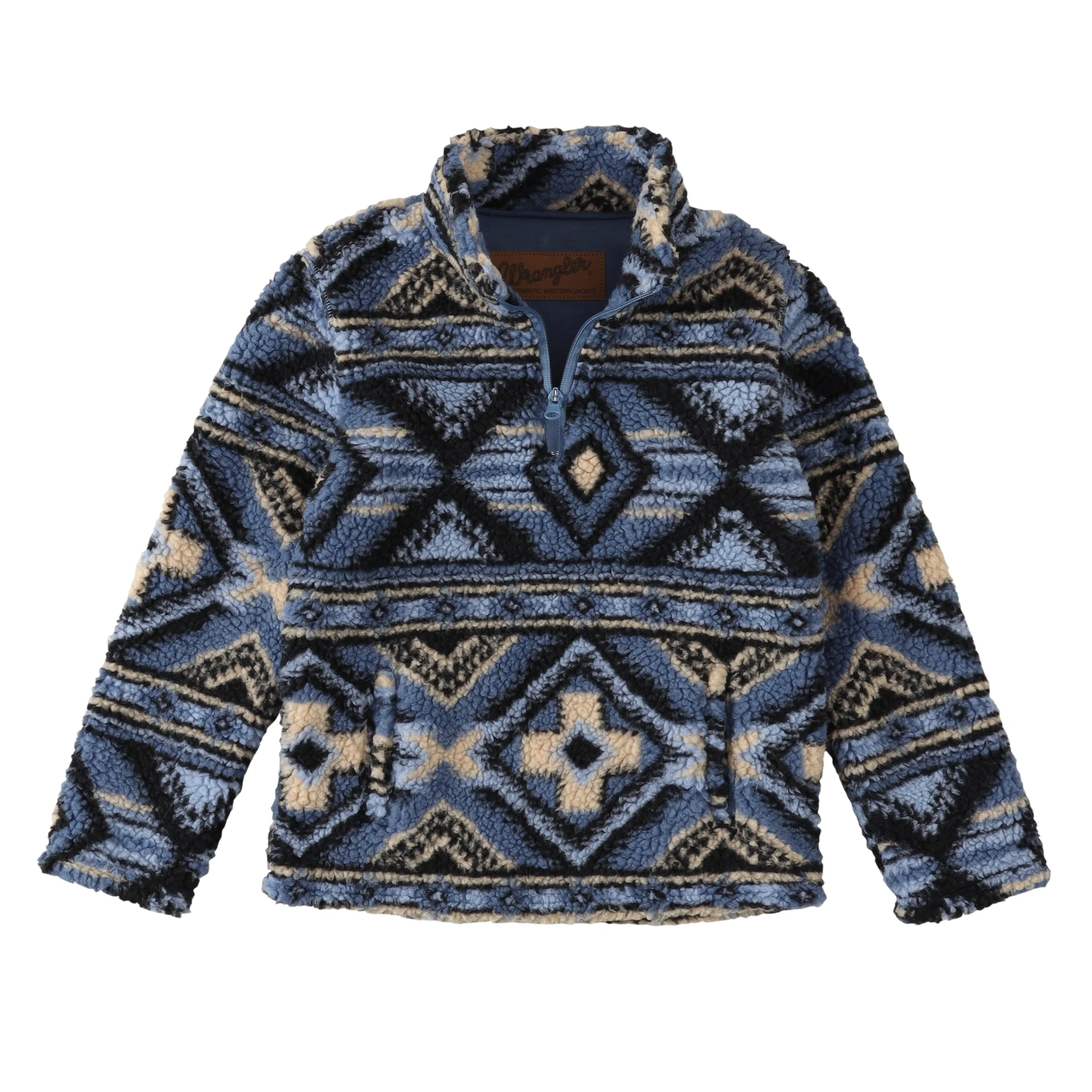 Men's Wrangler Blue Aztec Print Heavyweight 1/4 Zip Sherpa Pullover