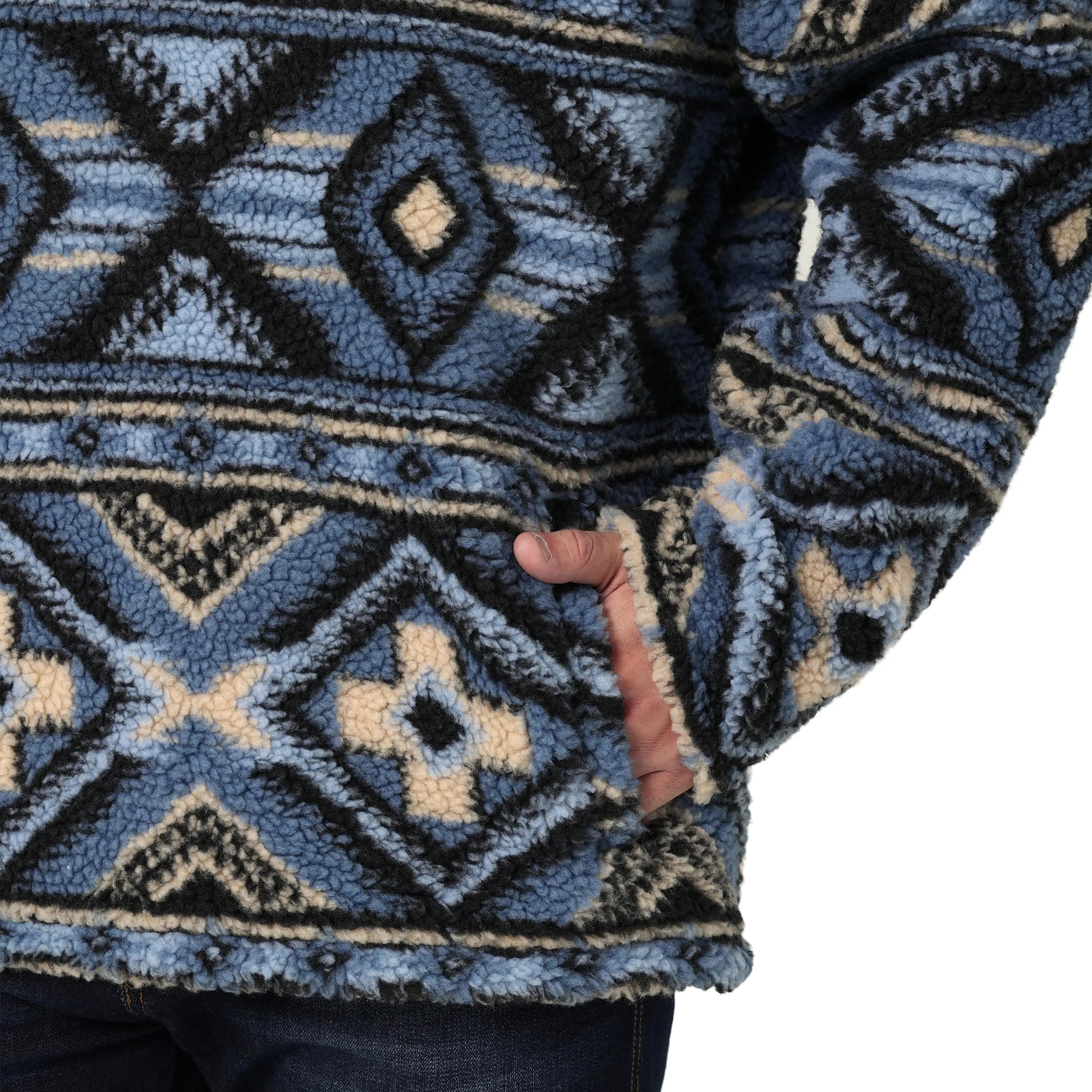 Men's Wrangler Blue Aztec Print Heavyweight 1/4 Zip Sherpa Pullover